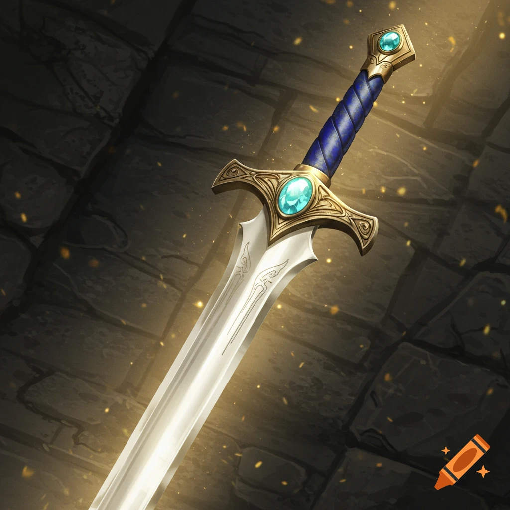 An ornamental longsword with a blue grip, gold hilt, and pale cyan gemstones, glowing against a dark stone background.