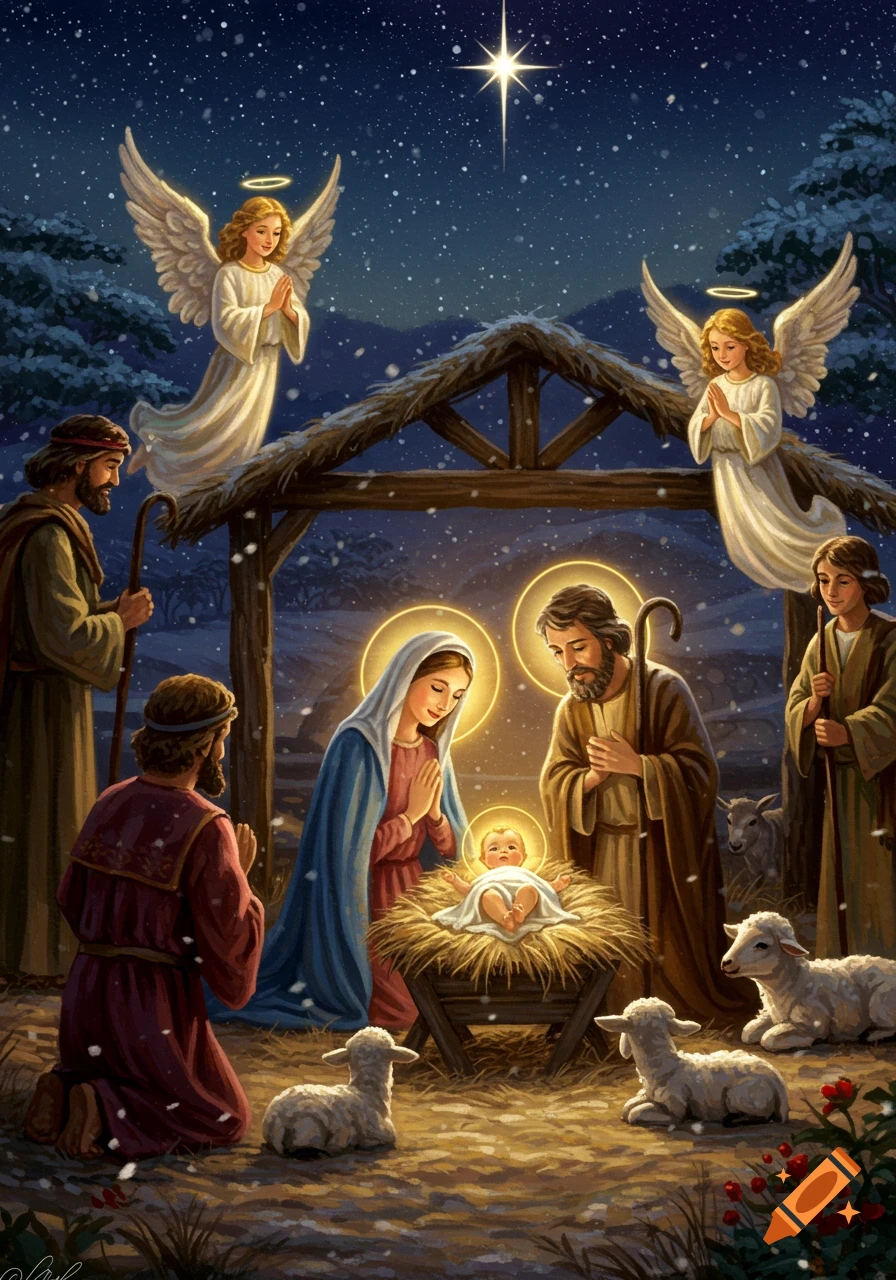 A vibrant illustration of the Nativity scene with Baby Jesus, Mary, Joseph, angels, shepherds, and sheep under a starry, snowy night.