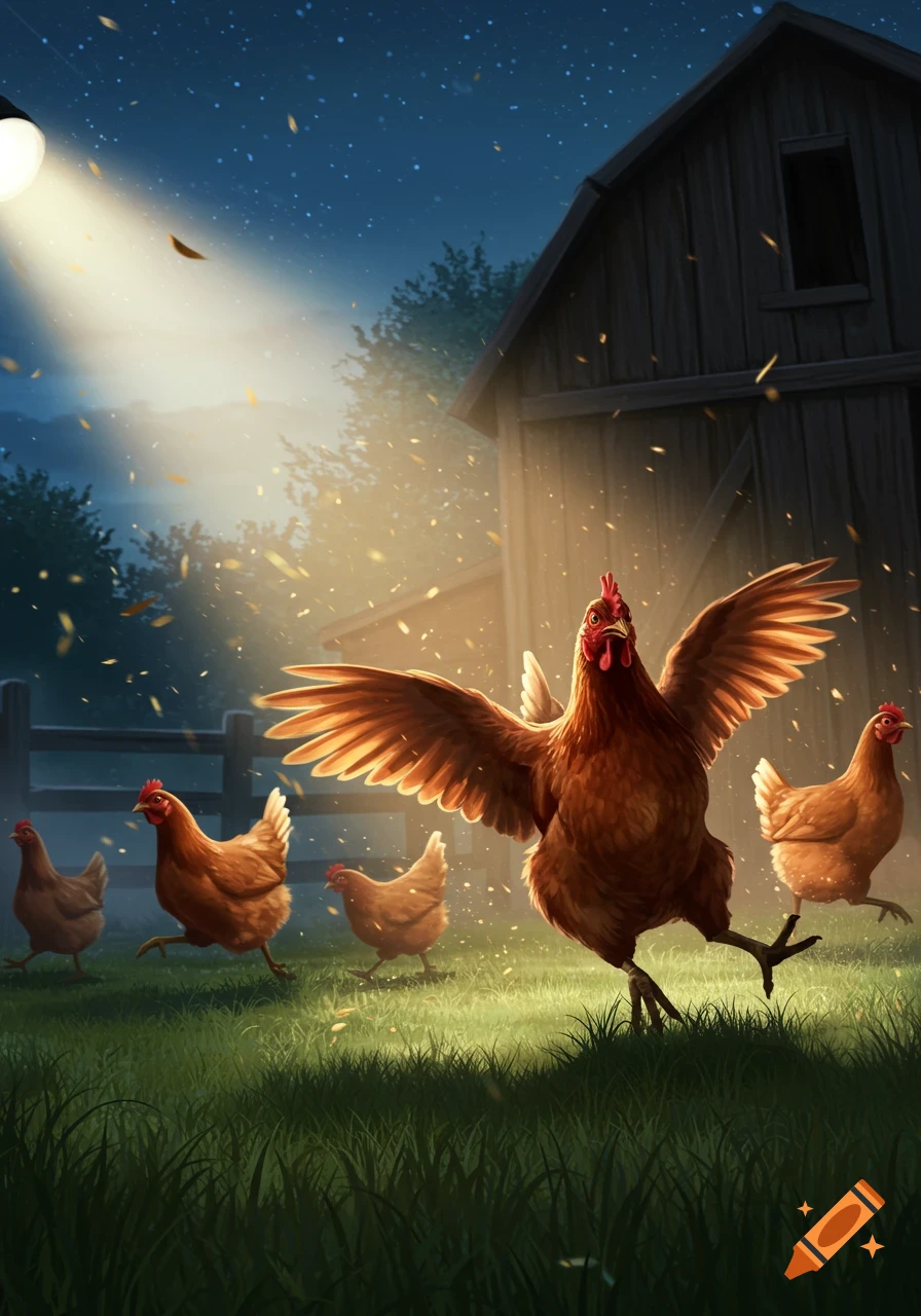 Five brown chickens run on a grassy farm at night, illuminated by a bright flashlight beam from the left, a barn in the background.