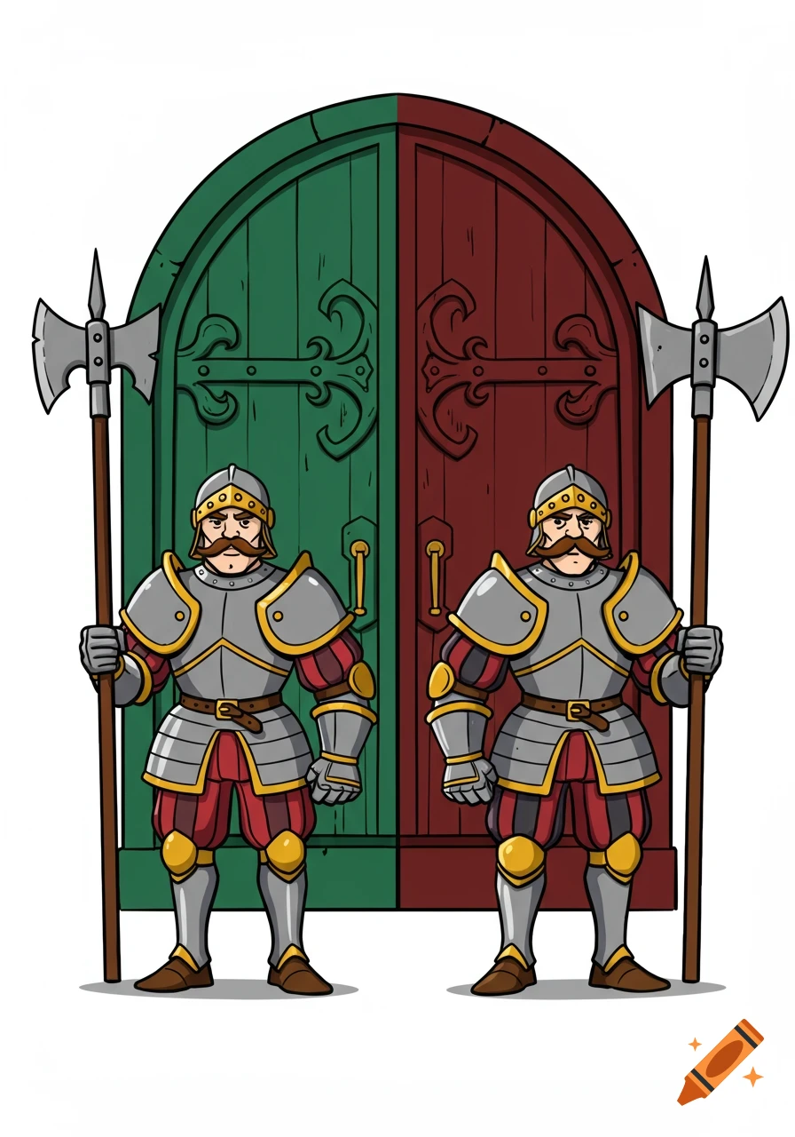 Two cartoon guards in full armor holding axes stand before an arched green and red door.