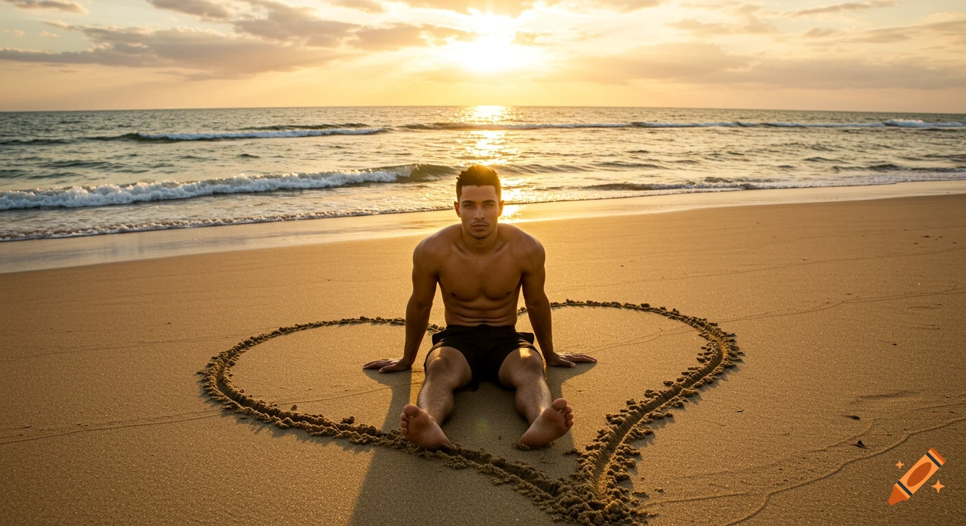 A shirtless man sits inside a heart drawn in the sand on a beach at sunset, looking photorealistic.