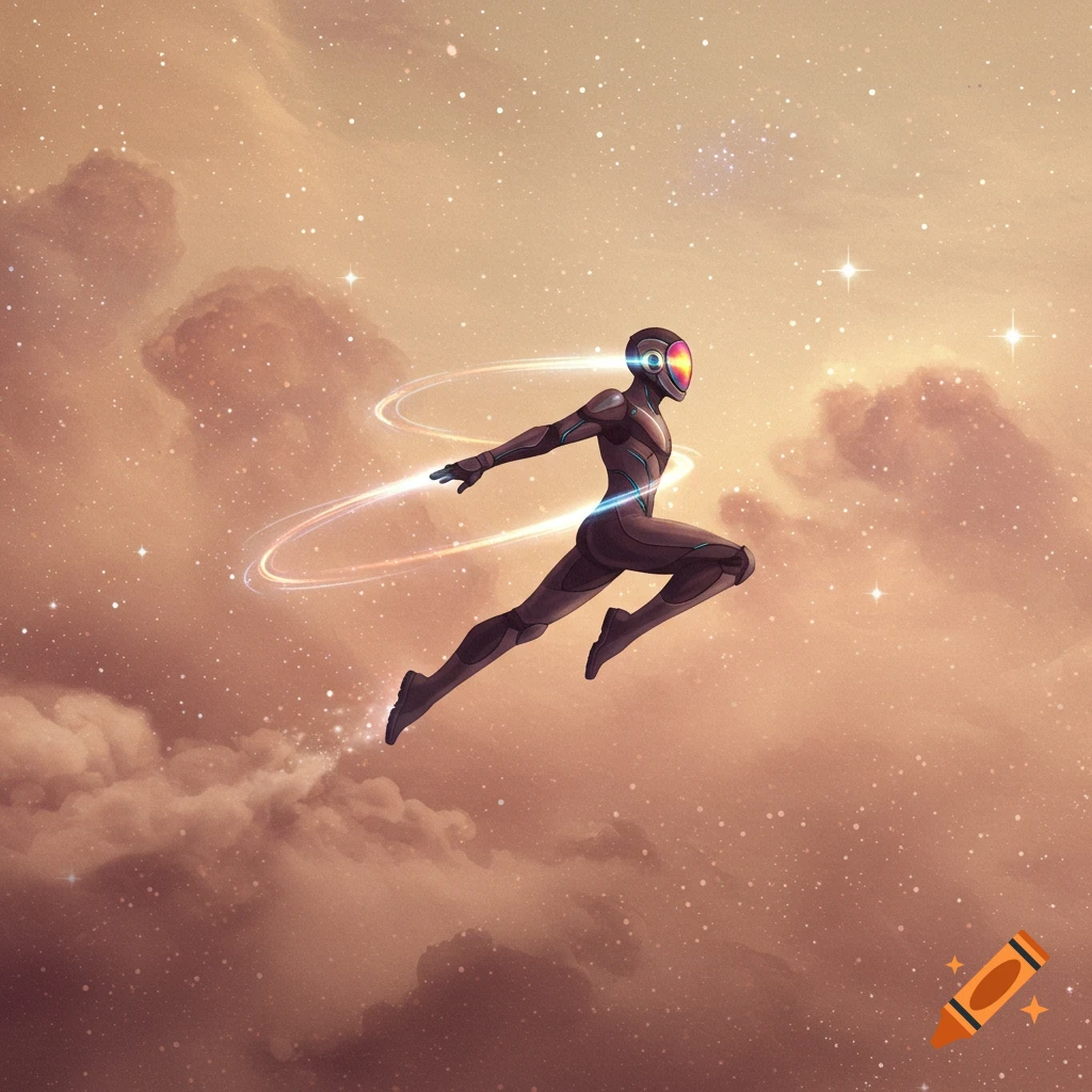 A stylized futuristic figure in a sleek suit leaps through a starry, tan and pink cloudy sky with glowing rings.