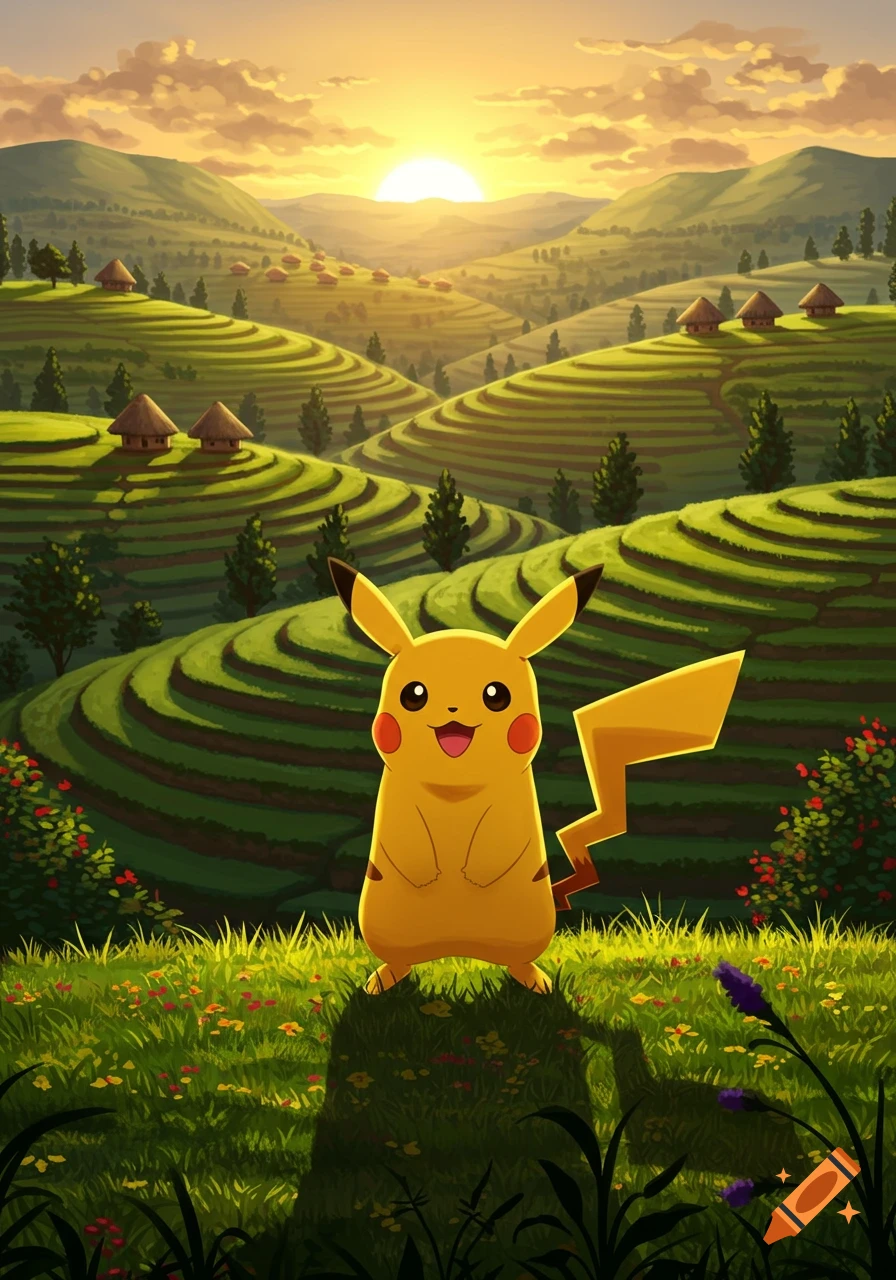 Pikachu stands in a vibrant green terraced landscape at sunset, with small huts dotting the hills.