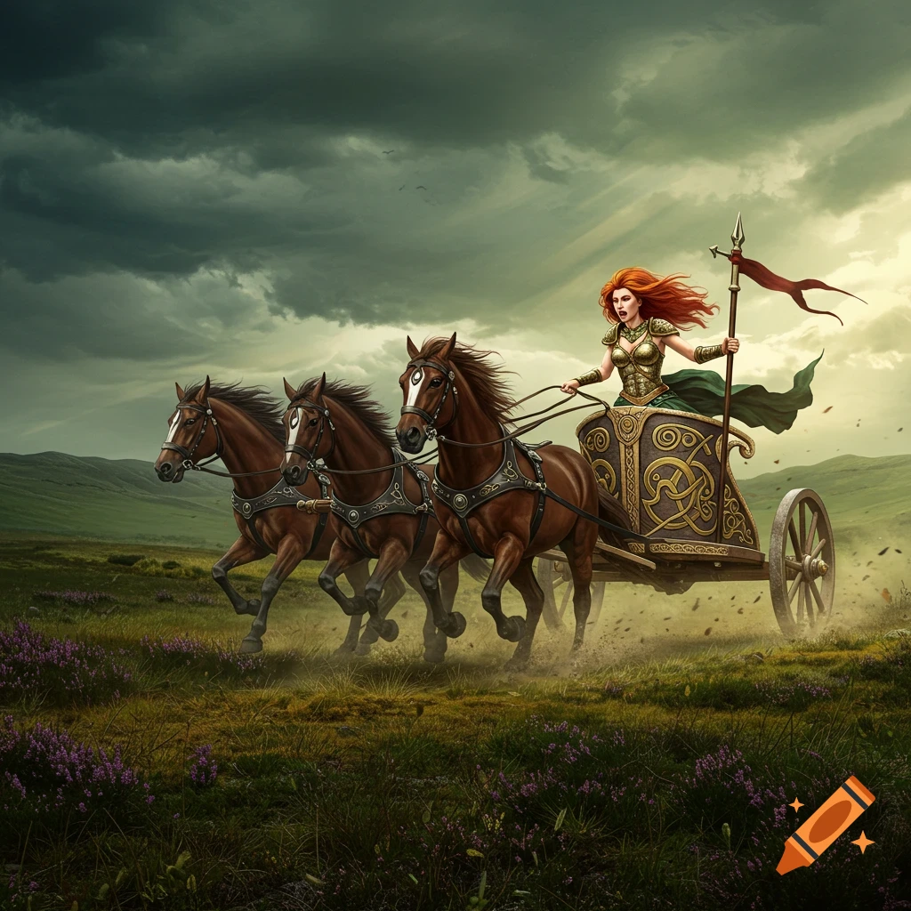 A red-haired warrior woman in golden armor drives a Celtic chariot pulled by three brown horses across a grassy field under a dramatic stormy sky.