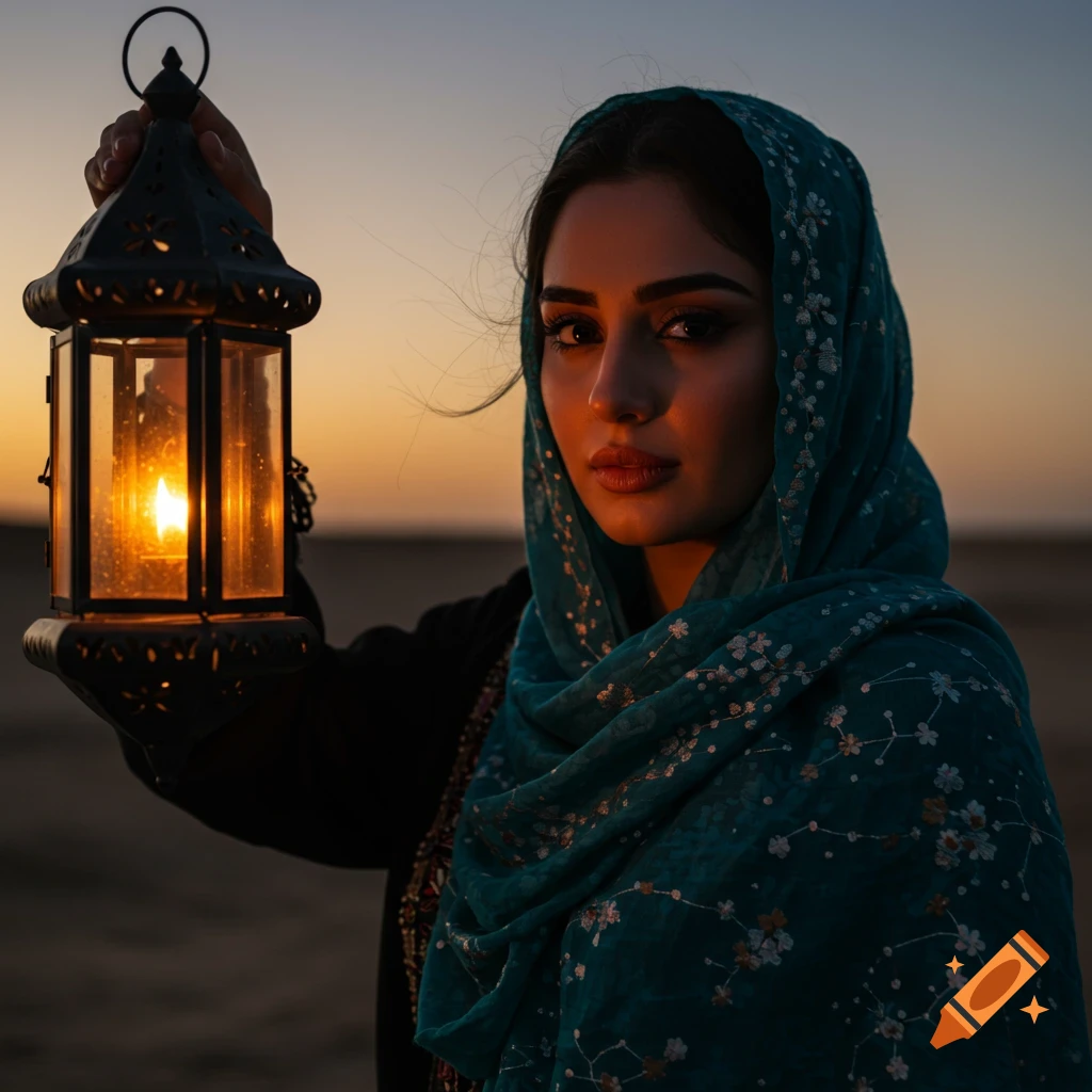 A woman in a teal headscarf holds an illuminated antique lantern in a desert-like landscape at sunset.