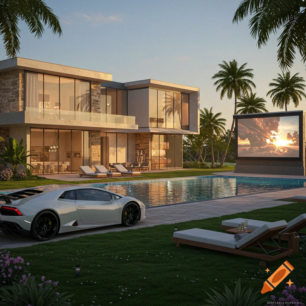 Photorealistic image of a modern luxury villa with a pool, white sports car, palm trees, and an outdoor screen at sunset.