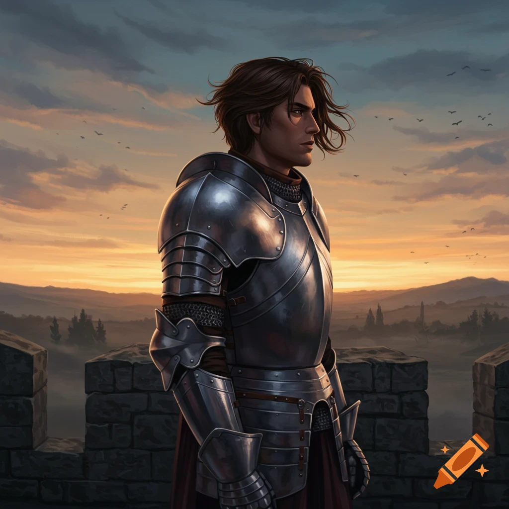 A serious brunette man in shining silver armor stands on a stone battlements at sunset, looking out over a misty landscape.