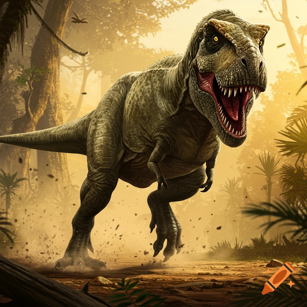 A detailed, photorealistic T-Rex with its mouth open, running through a golden-lit prehistoric jungle.