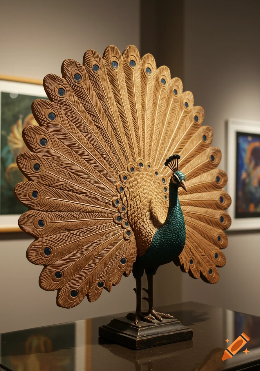 A detailed wooden sculpture of a peacock with teal body and carved golden tail feathers spread out on display.