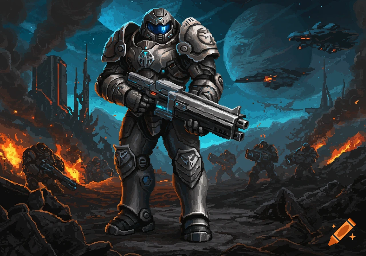 Pixel art of a heavily armored futuristic soldier holding a rifle on a burning, war-torn planet with spaceships and another planet in the sky.