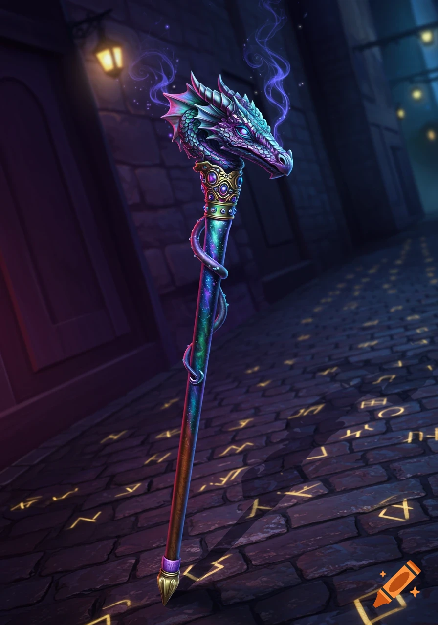 An ornate fantasy cane with a glowing dragon's head and purple smoke stands in a dark alley with glowing runes.