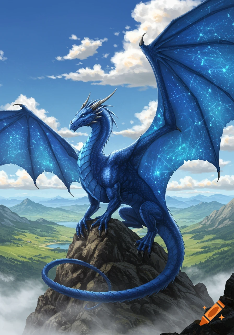 A majestic blue dragon with glowing, starry wings perches on a rocky mountain peak overlooking a green valley under a cloudy blue sky.