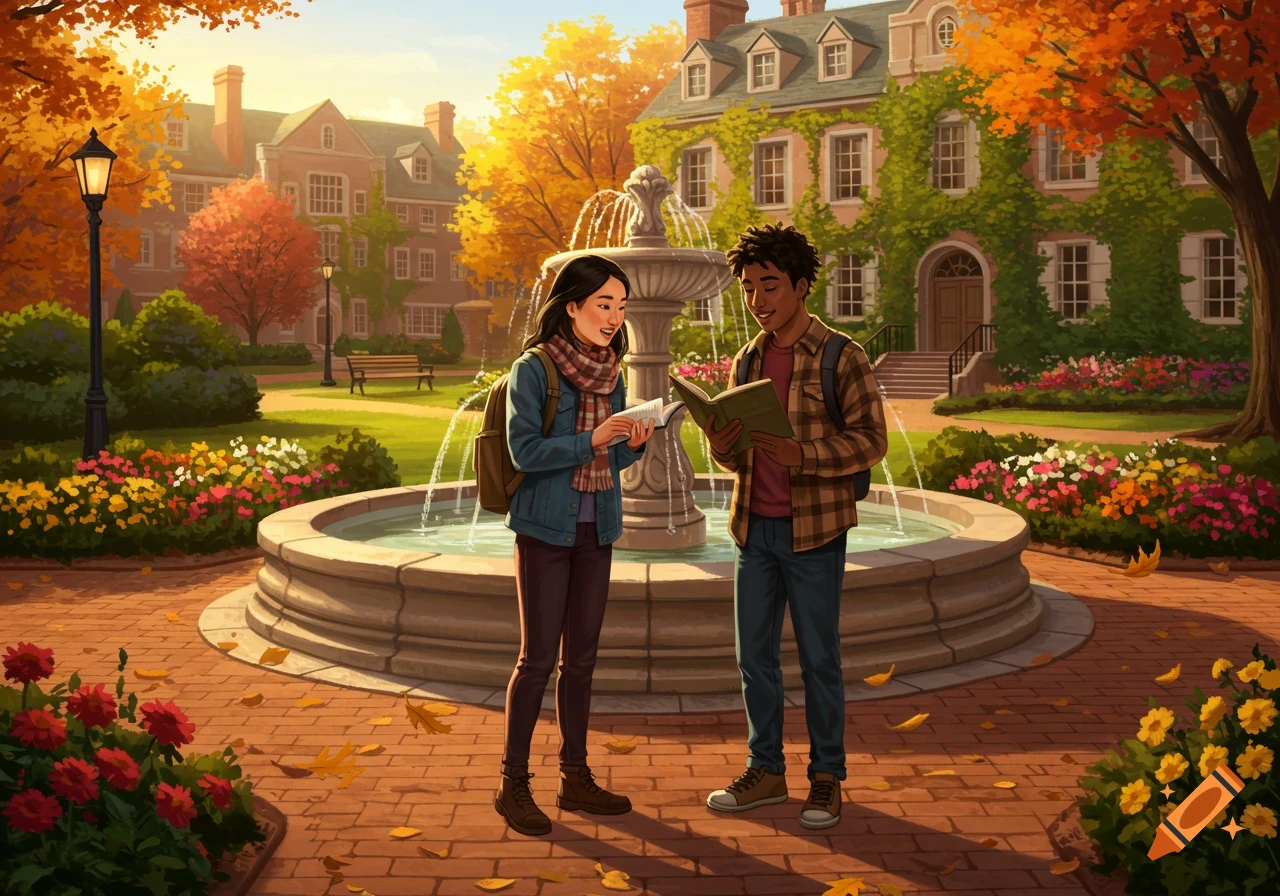 Two illustrated students talk and read books by a fountain on a vibrant autumn college campus.