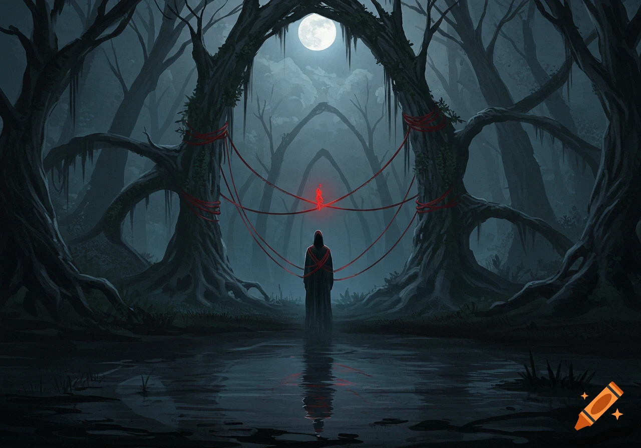 A robed figure stands in a dark, misty forest swamp, bound by glowing red cords under a full moon. Dark fantasy illustration.