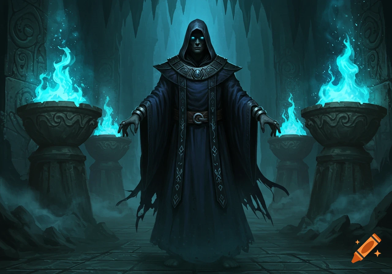 A dark-robed cultist with glowing blue eyes stands in a cavernous chamber between two braziers with blue flames, fantasy art style.