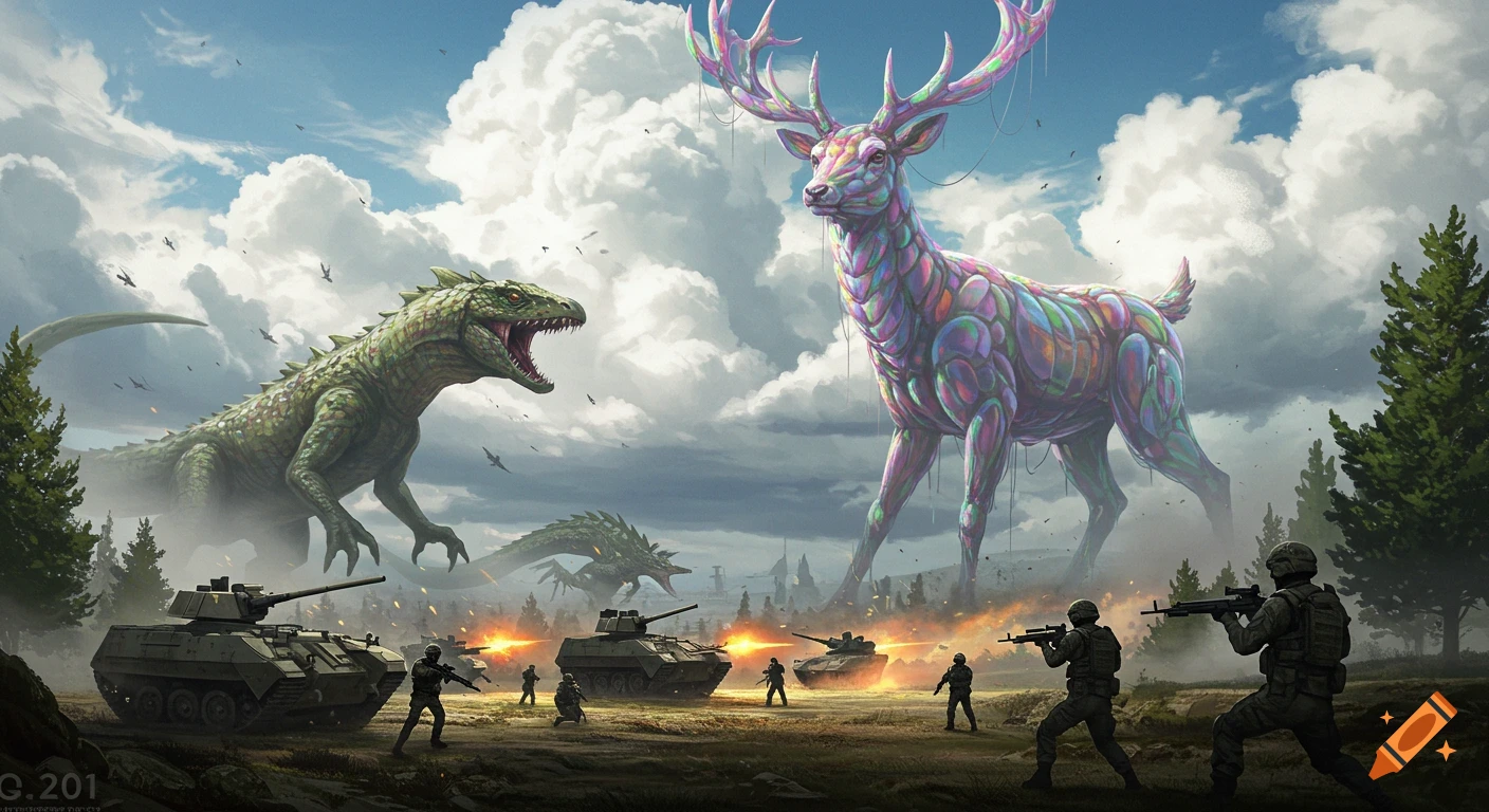 An army with tanks and soldiers battles a giant colorful deer creature and a massive green lizard monster under a cloudy sky.
