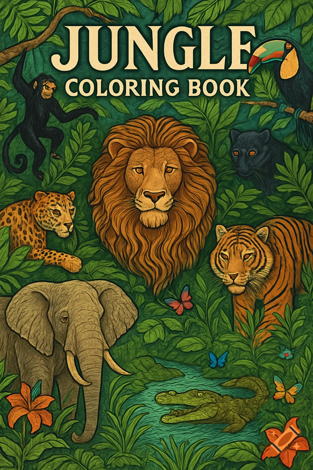 Jungle coloring book cover illustration featuring a lion, tiger, elephant, and other animals amongst lush green foliage.