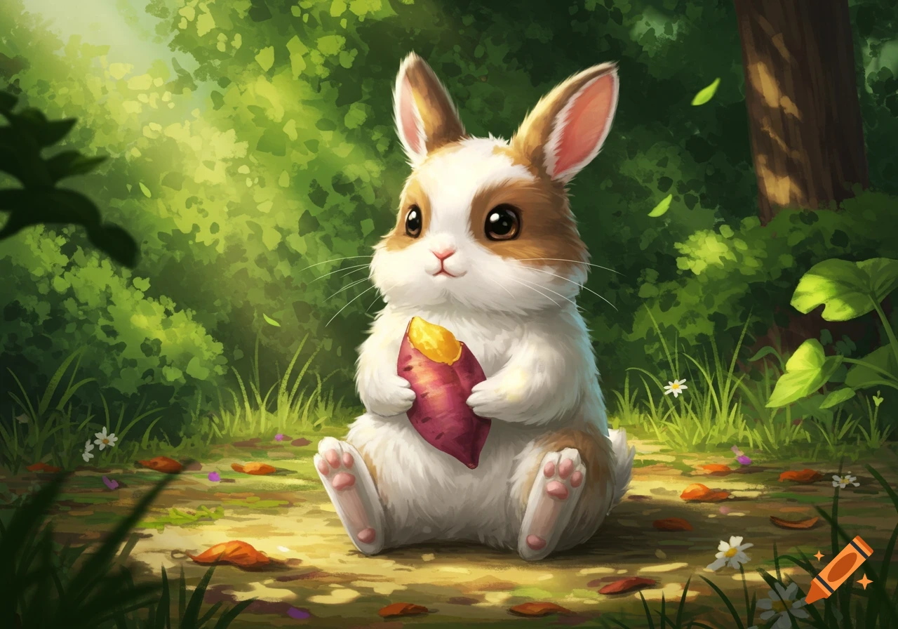 A cute, fluffy brown and white rabbit sits in a sunlit forest, holding a sweet potato in its paws. Illustration.