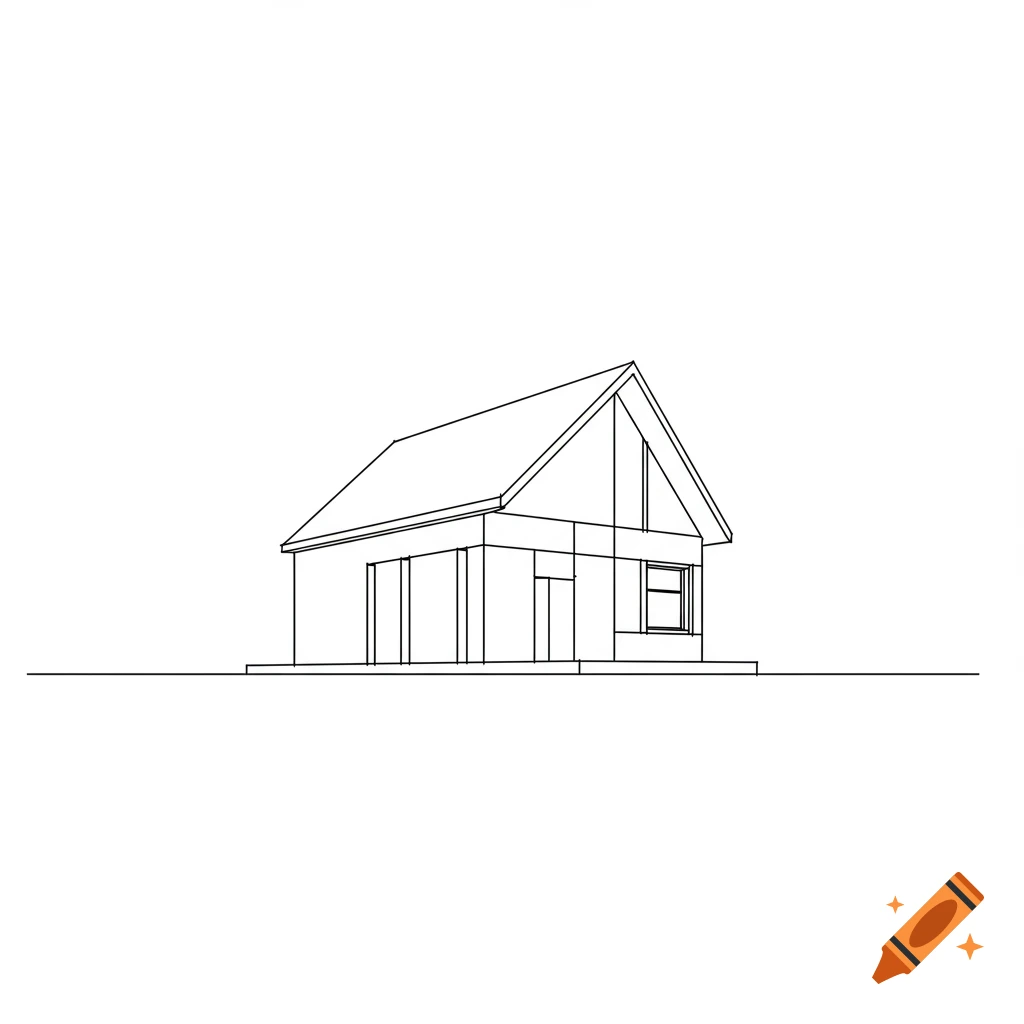 A simple black and white line drawing of a small house with a pitched roof, viewed from an angle.