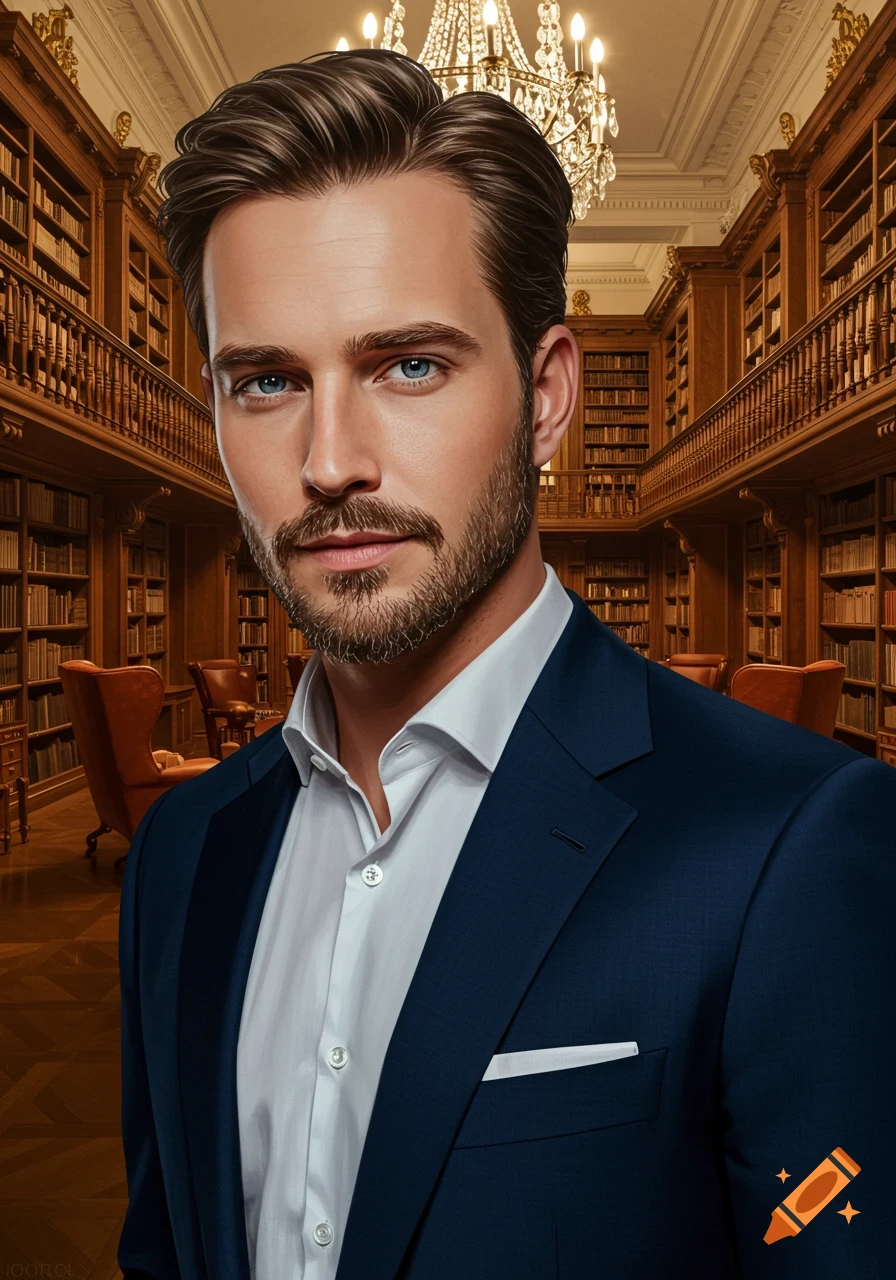 A photorealistic portrait of a handsome man with a beard and blue eyes, wearing a dark blue suit, standing in a grand library.