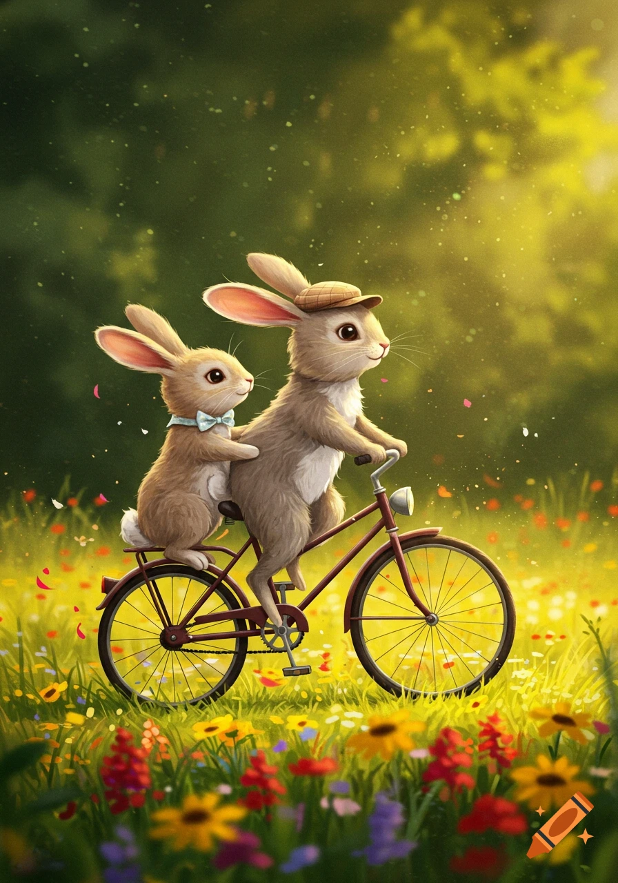Two cute cartoon bunnies riding a bicycle through a vibrant, sunlit meadow filled with colorful wildflowers.