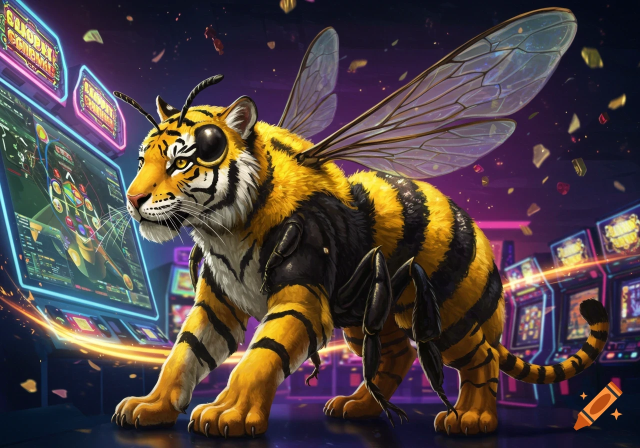A tiger-bee hybrid with stripes, wings, and antennae stands in a neon-lit arcade among glowing slot machines with money shards floating around.