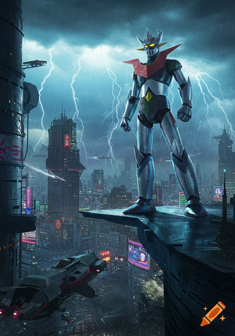 A giant robot, Mazinger Z, stands on a skyscraper in a rainy, lightning-filled cyberpunk city. Photorealistic style.