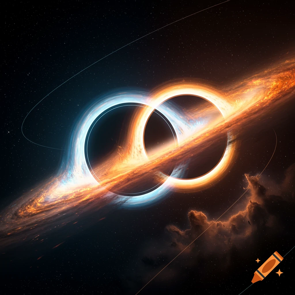 Two black holes with glowing orange and blue accretion disks collide in a star-filled cosmic setting.