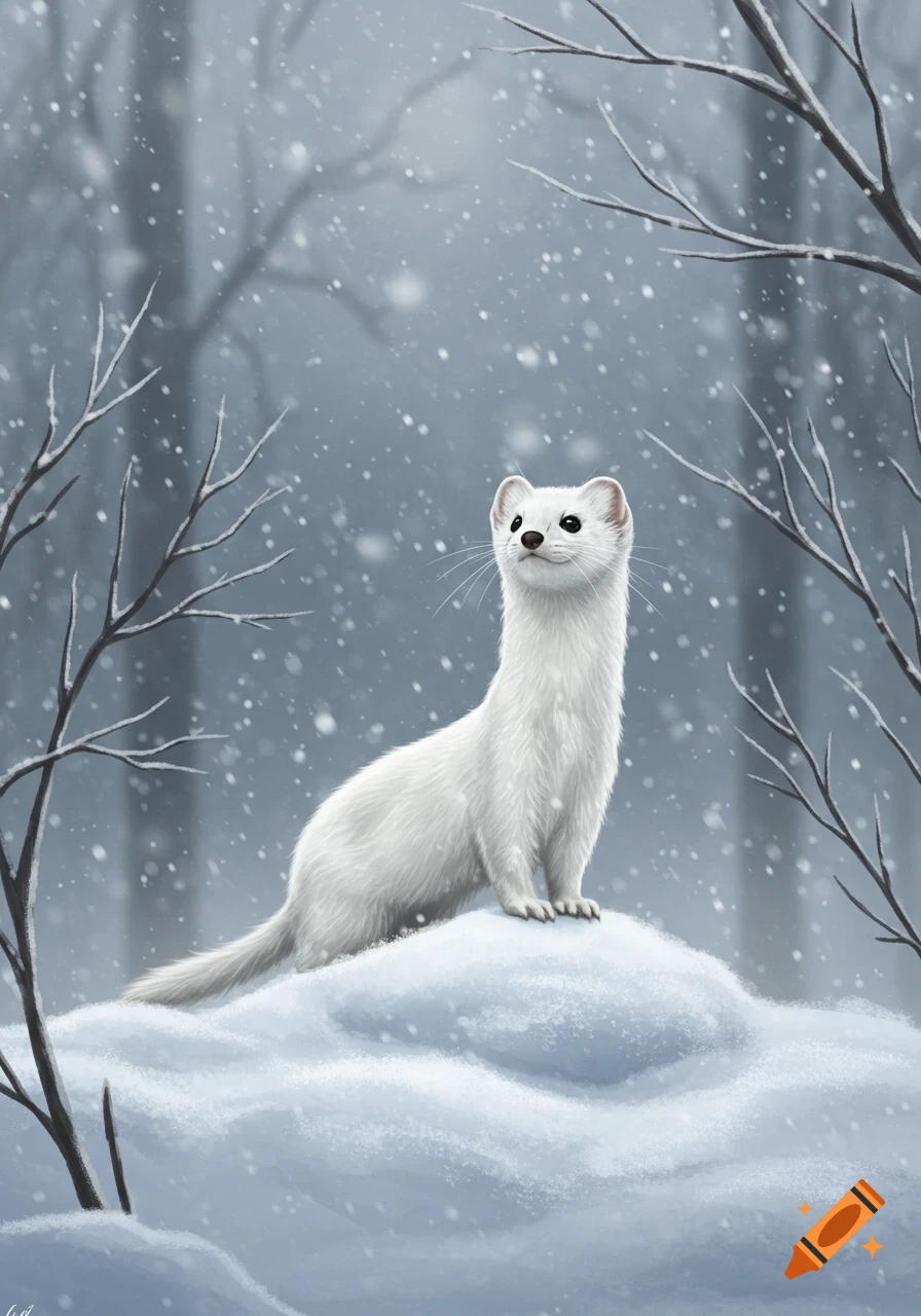 A white ermine stands on a snowy hillock in a winter forest, with snow falling around bare tree branches.