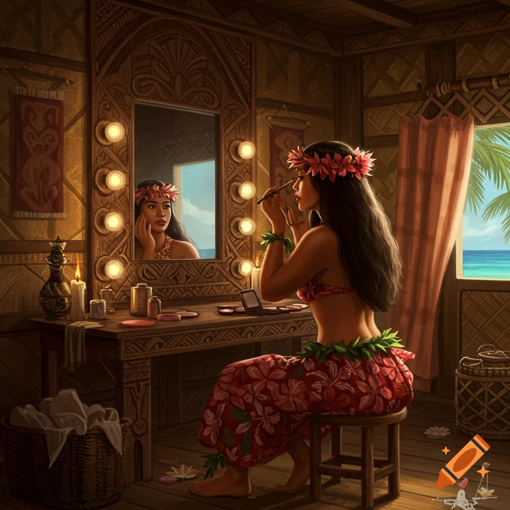 A Polynesian woman in a floral lei applies makeup at a lighted vanity in a wooden hut, with a tropical view.