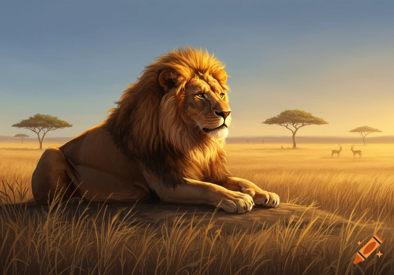 A majestic lion with a golden mane rests on a mound in a sunlit savanna with acacia trees and distant antelope.