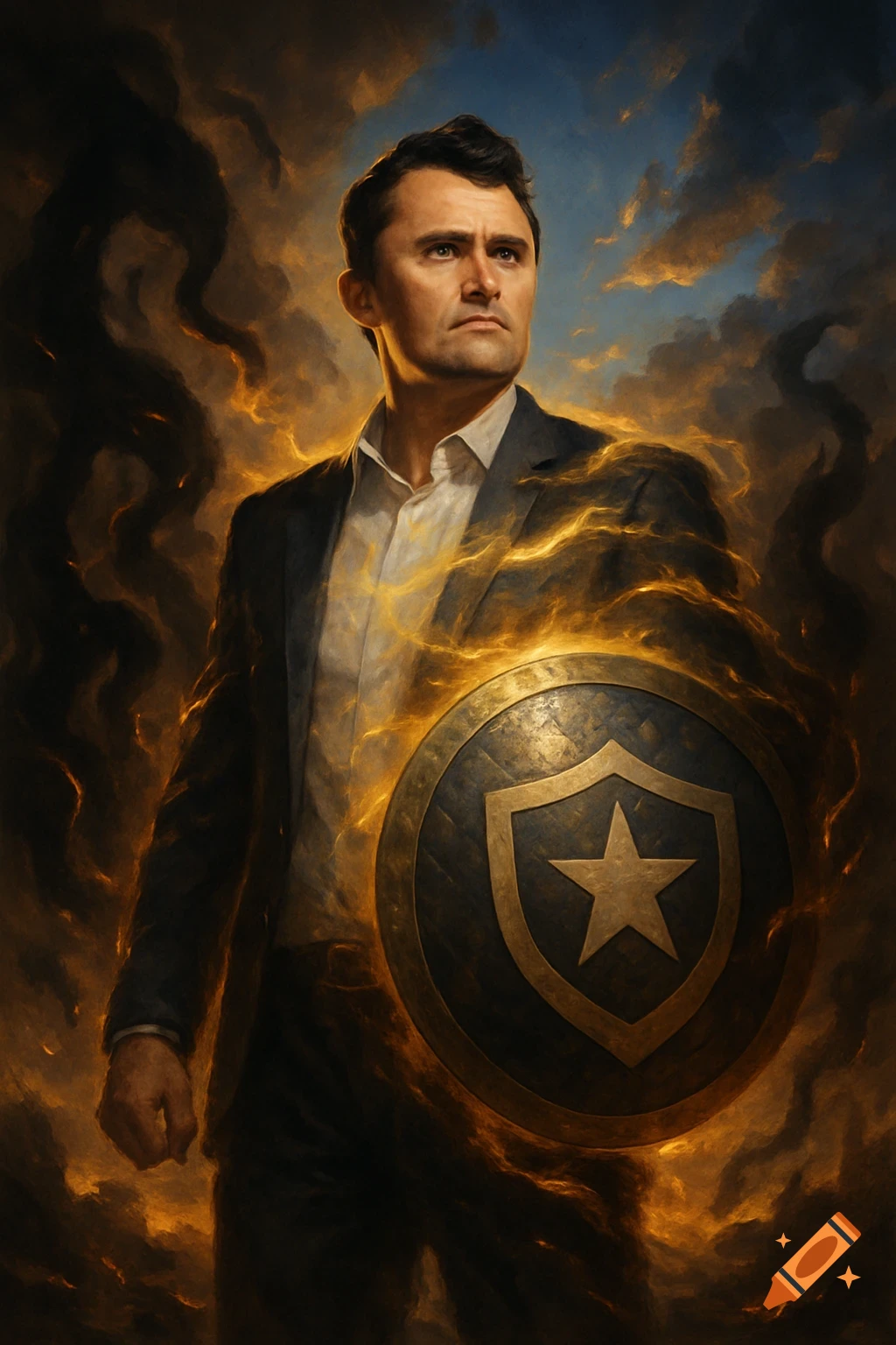 A man in a suit with a determined expression holds a glowing shield with a star, standing amidst swirling fiery smoke and dark clouds. Digital painting.