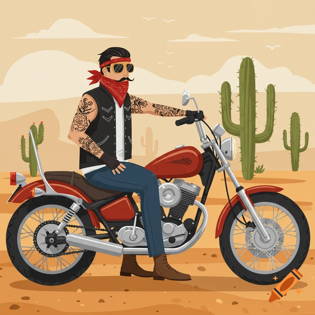 A cartoon illustration of a tattooed man with a bandana and sunglasses riding a red motorcycle through a desert landscape with cacti.