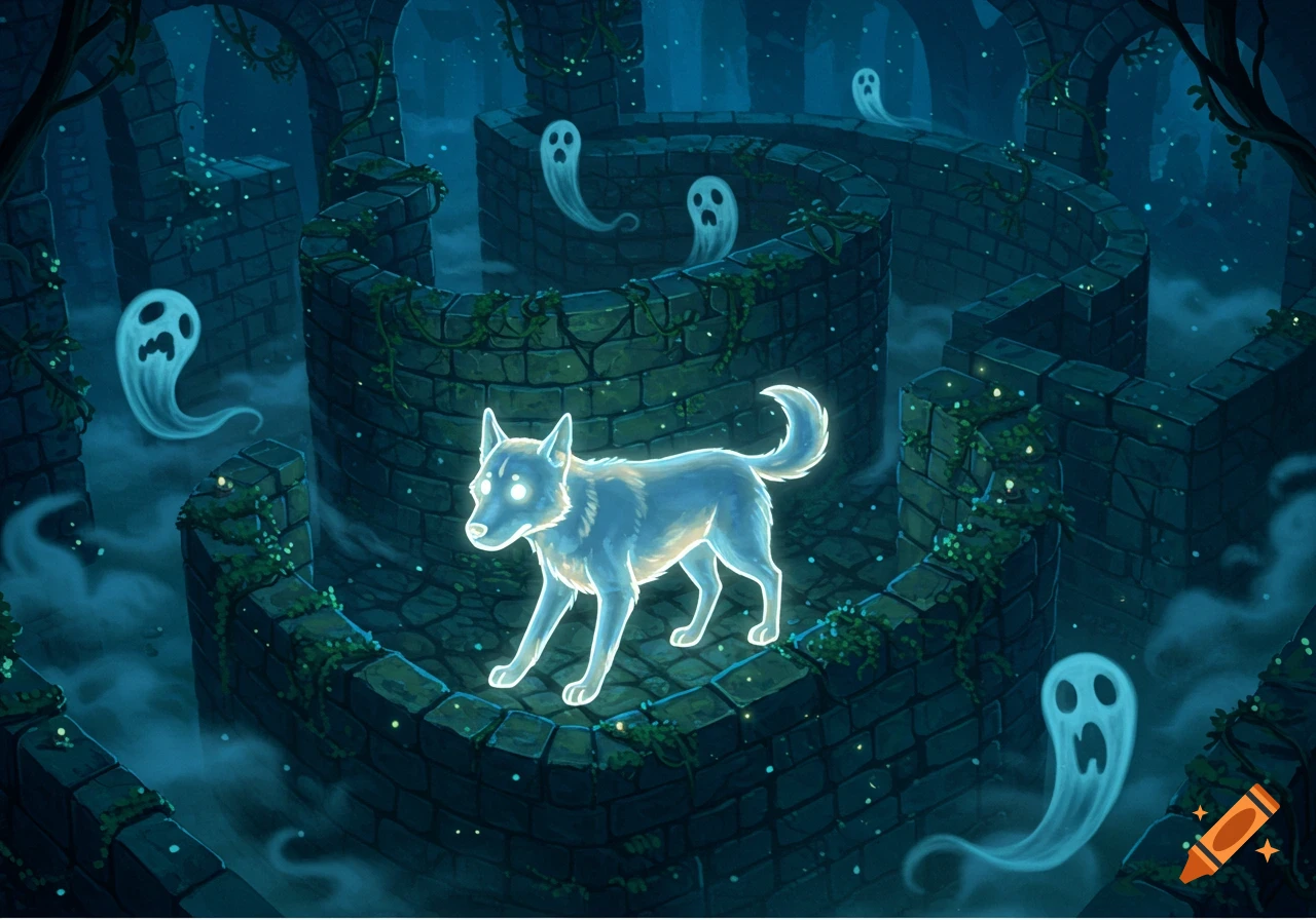 A glowing ghostly white dog walks through a dark, mossy stone labyrinth as blue spirits float around it, fantasy art style.