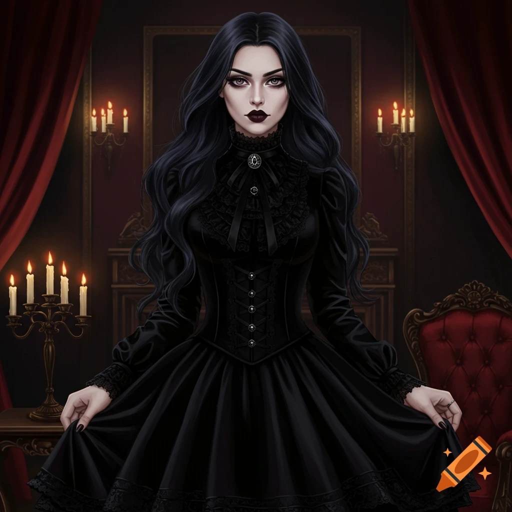 A gothic woman with dark hair and makeup in a black lace dress stands in a dimly lit, richly decorated room with candles.