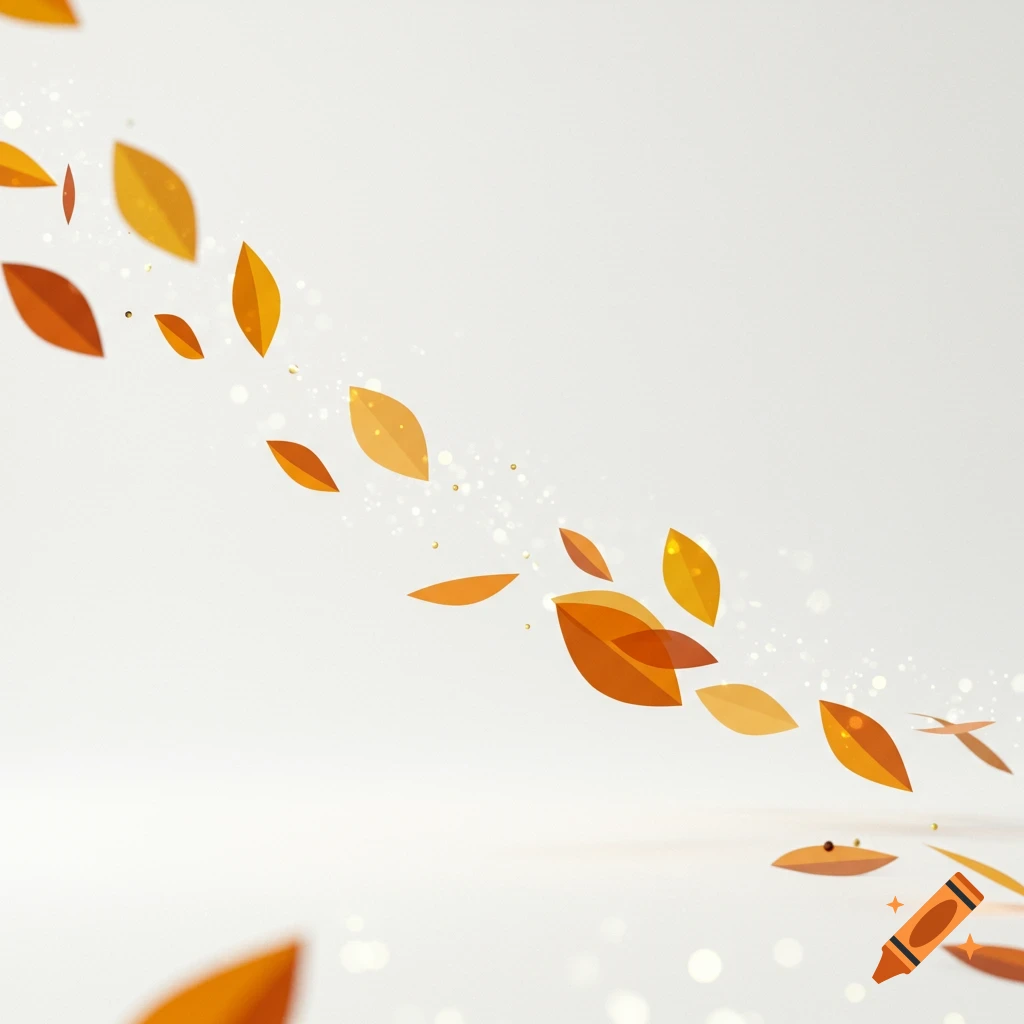 Abstract golden and amber autumn leaves floating and drifting in a clean white space with soft light and small bokeh dots.