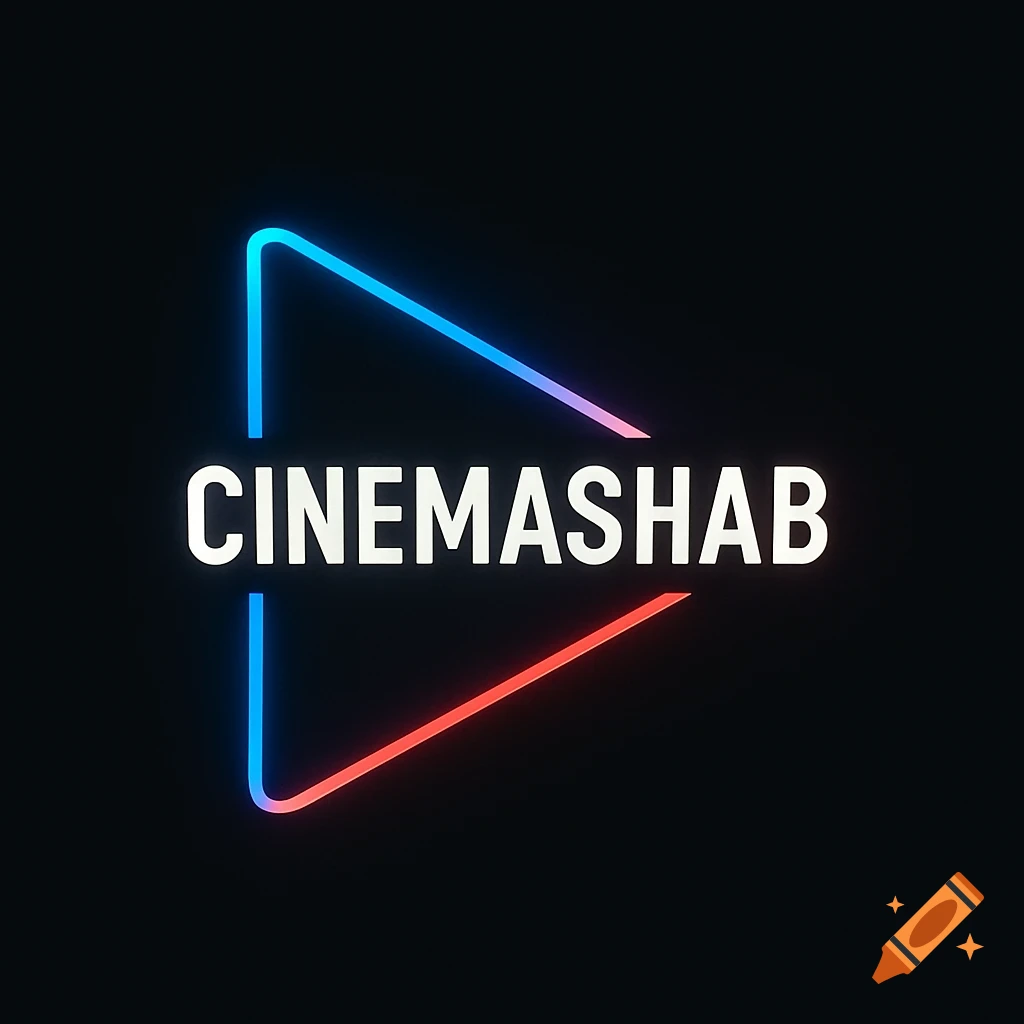 A neon logo for CINEMASHAB, featuring the channel name in white text inside an outline of a play button triangle with blue and red neon lights on a black background.