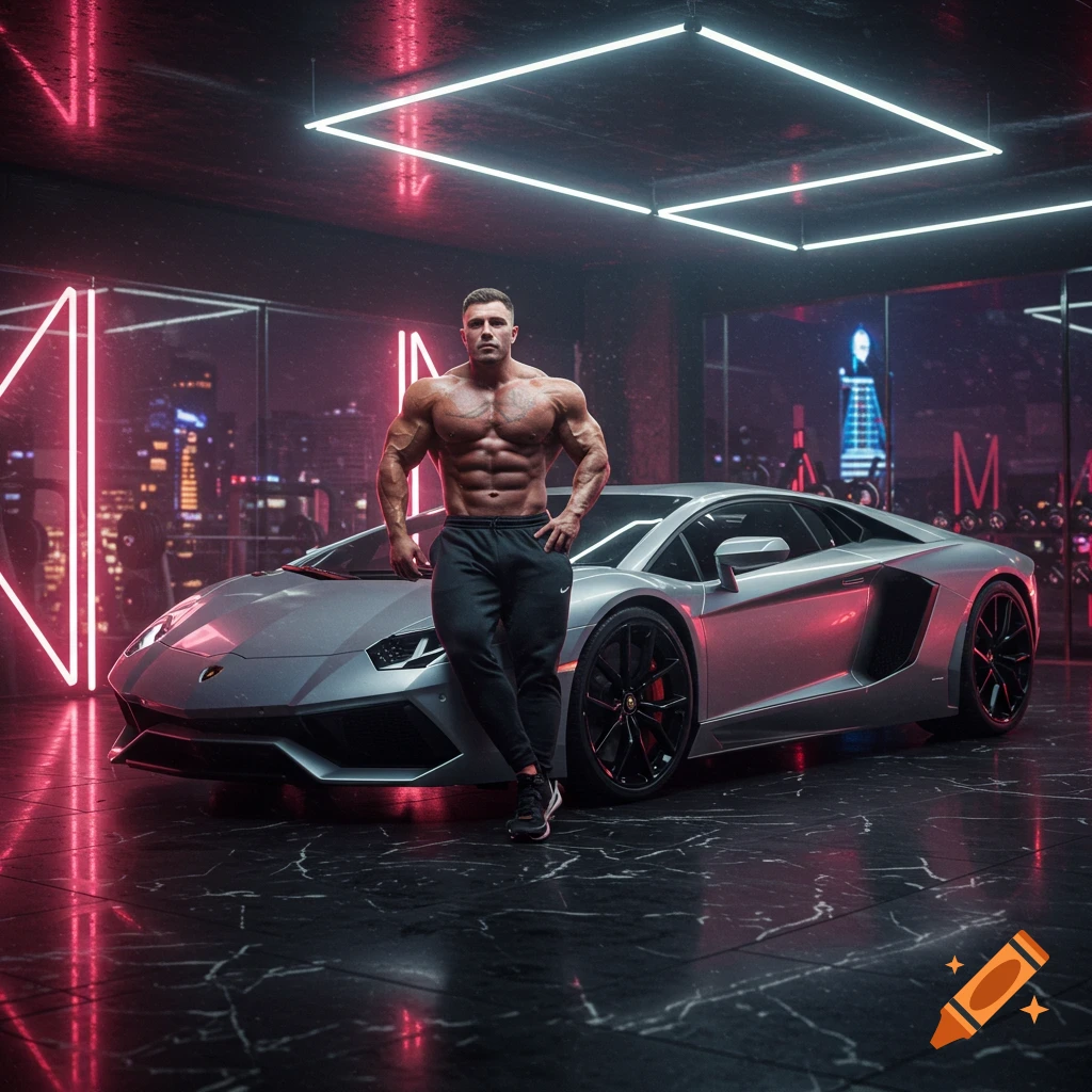 A muscular man stands beside a silver Lamborghini in a neon-lit room with a city view. Photorealistic.