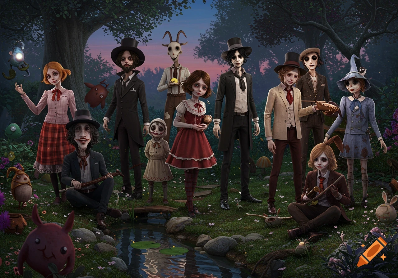 A group of stylized, doll-like characters with large eyes and pale skin stand in a dark, enchanted forest with a stream, in a gothic video game art style.