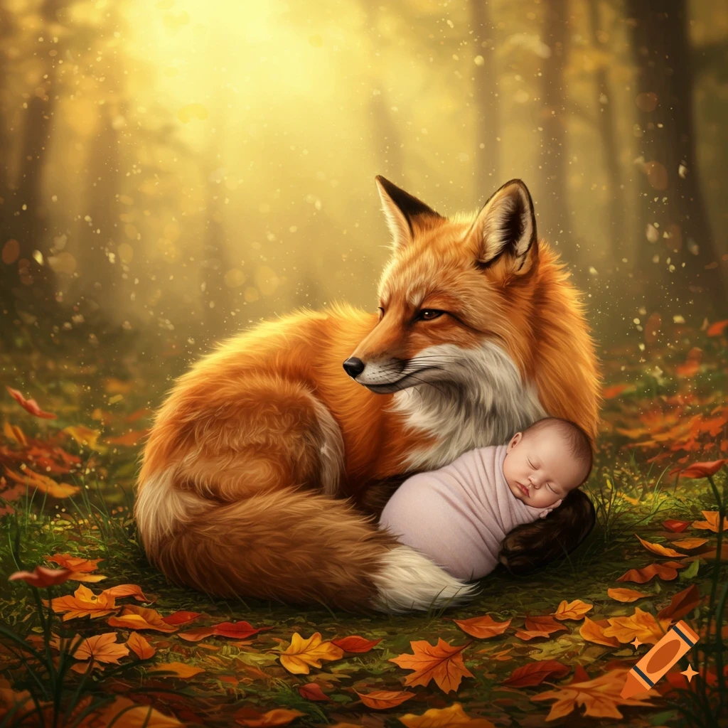 A beautiful fox cuddles a sleeping baby wrapped in a blanket on a bed of autumn leaves in a sunlit forest.