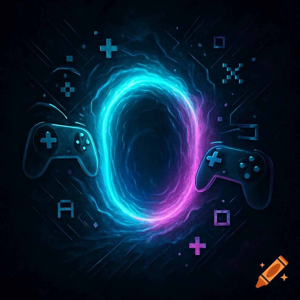 Two game controllers frame a glowing blue and pink neon portal, surrounded by pixelated shapes on a dark background.