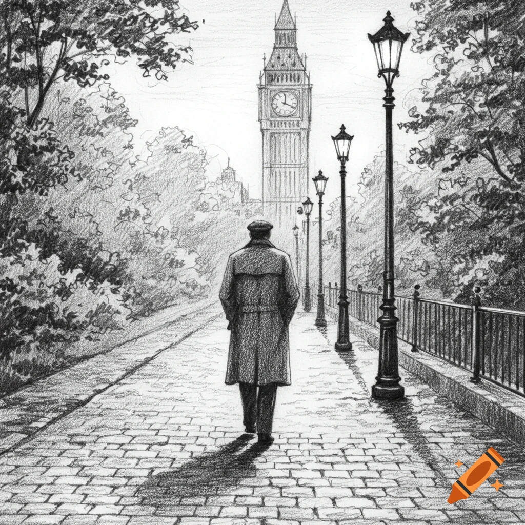A man in a trench coat and cap walks down a cobbled path towards a tall clock tower, flanked by trees and lamp posts, in a monochrome sketch style.