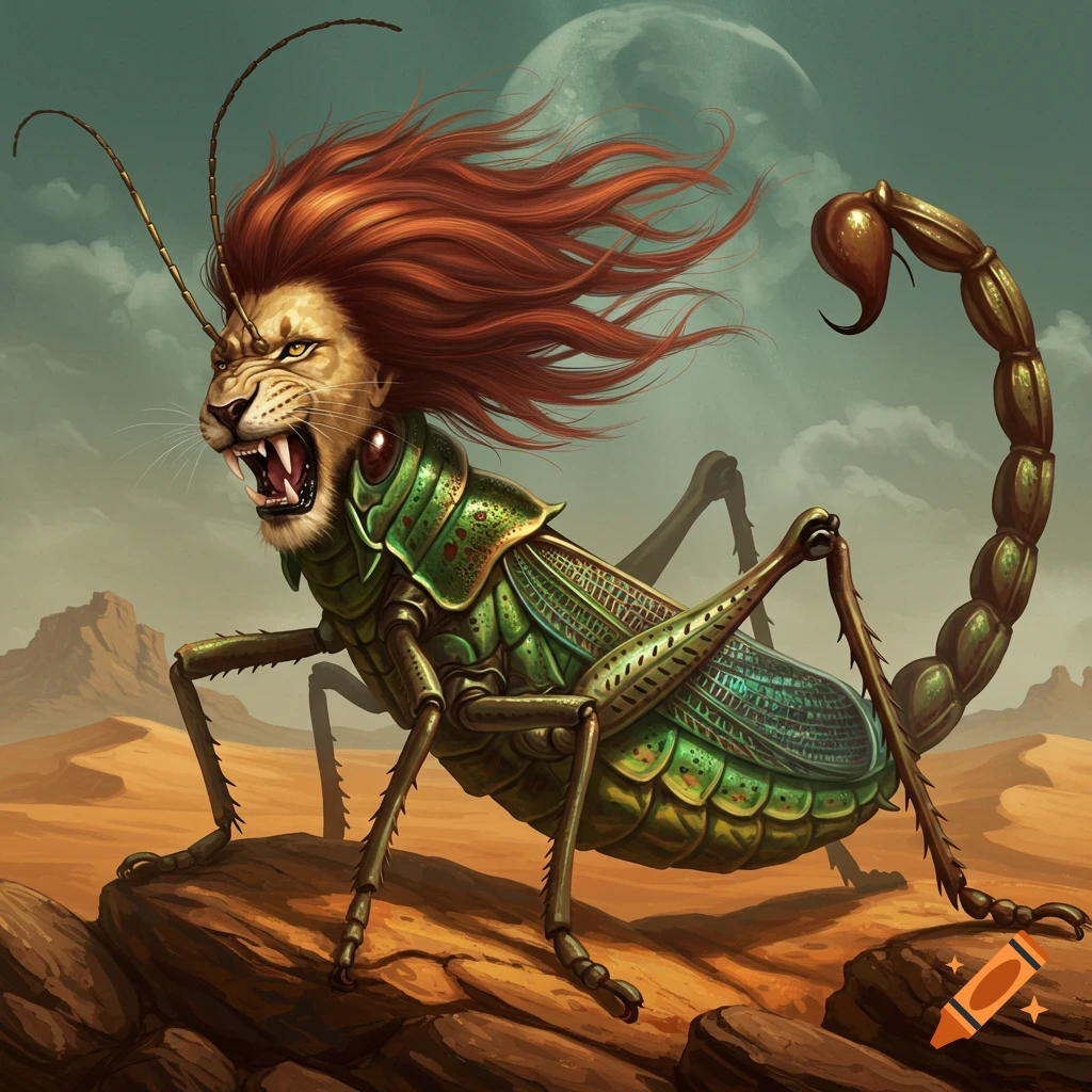 A roaring, red-maned lion-headed locust-scorpion hybrid stands on desert rocks under a full moon, digital art.