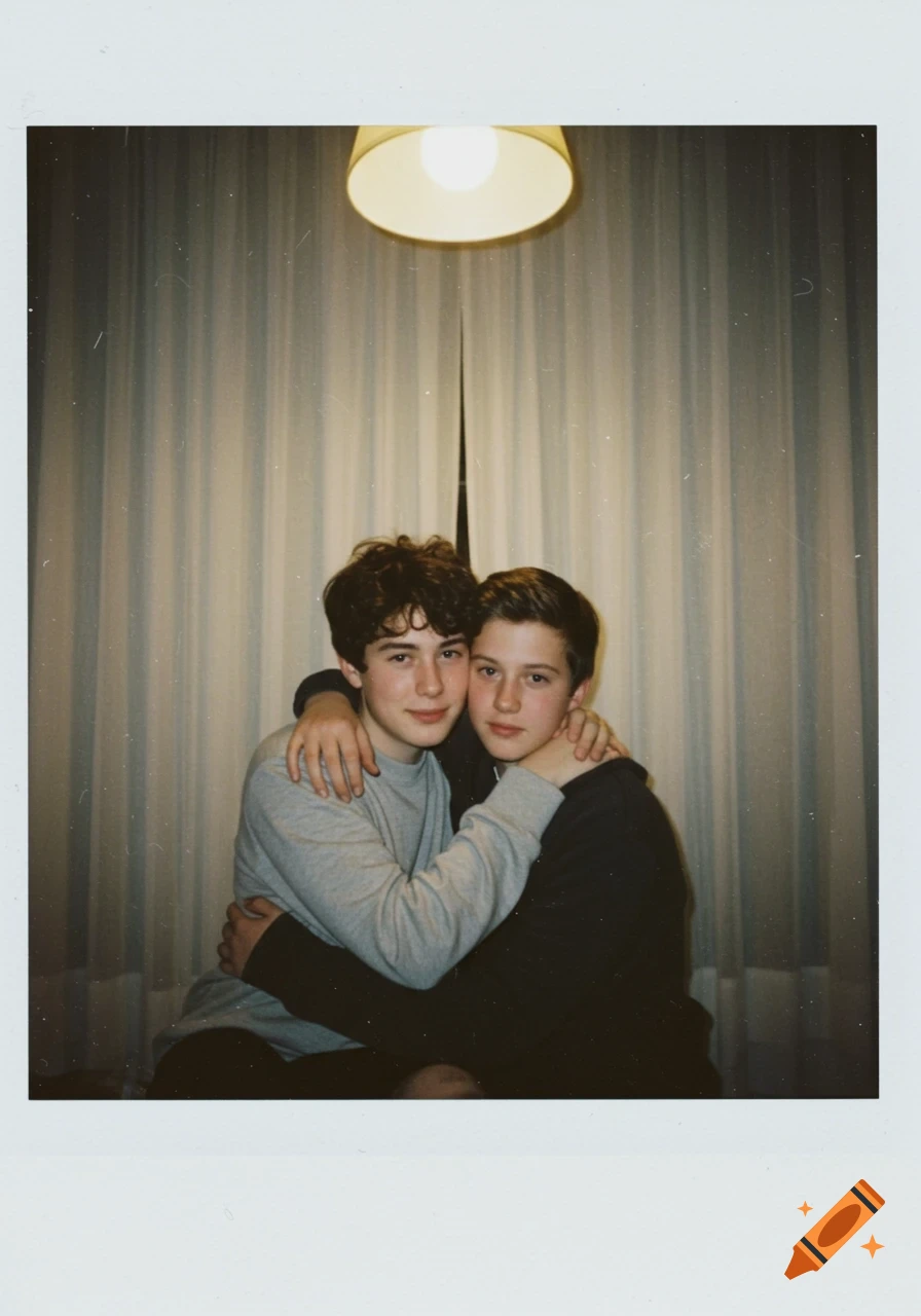 Two young boys embrace, smiling at the camera in a vintage Polaroid photo with white curtains and a light fixture in the background.
