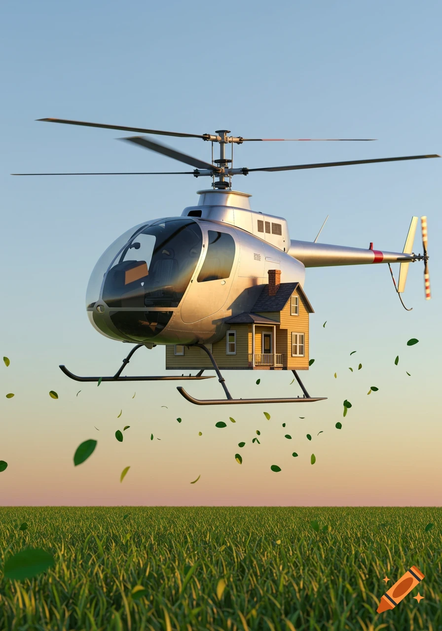 An ultra-realistic image of a silver helicopter carrying a small yellow house attached to its underside, hovering above a green grassy field with leaves swirling around it against a clear blue sky.