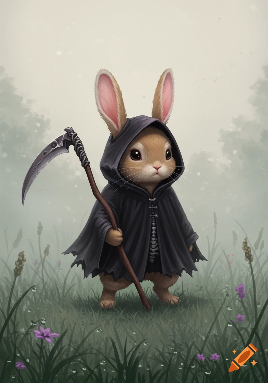 An adorable bunny rabbit dressed in a black grim reaper cloak, holding a scythe, standing in a misty grassy field with purple flowers.