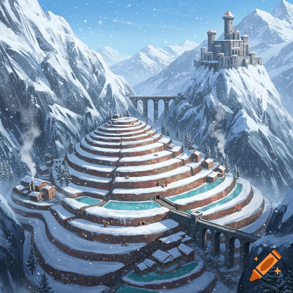 A digital painting of a snowy alpine village with terraced farms and hot springs, nestled in a valley with a castle on a distant peak.