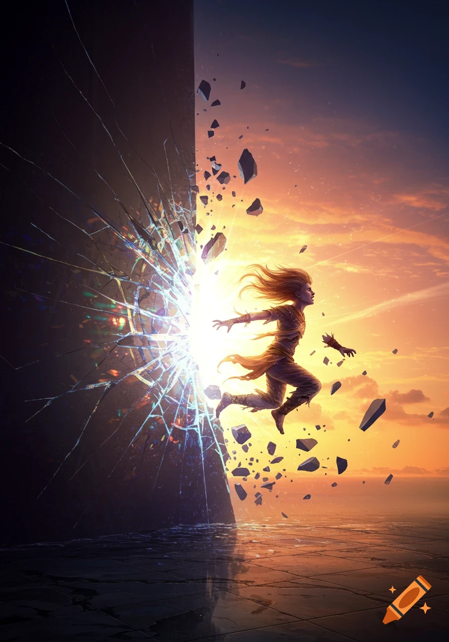 A figure with flowing hair leaps through a shattering dark wall into a vibrant sunset, debris flying, in a dramatic fantasy art style.