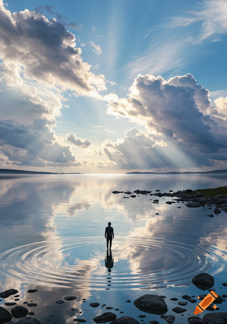 A lone figure stands in calm water under a dramatic sky with sunrays, creating ripples. Rocks line the distant shore. Photorealistic.