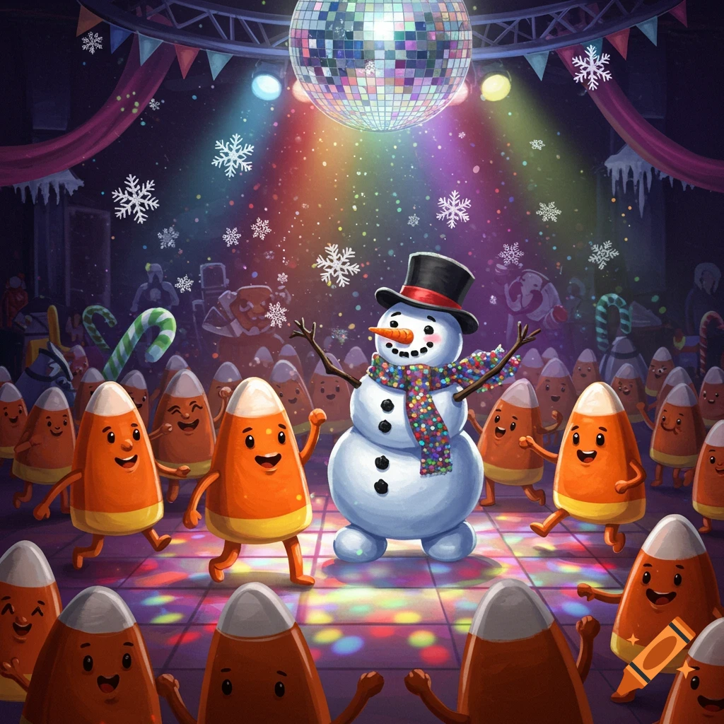 Cartoon candy corn characters and a snowman dance under a disco ball, with colorful lights and snowflakes falling.